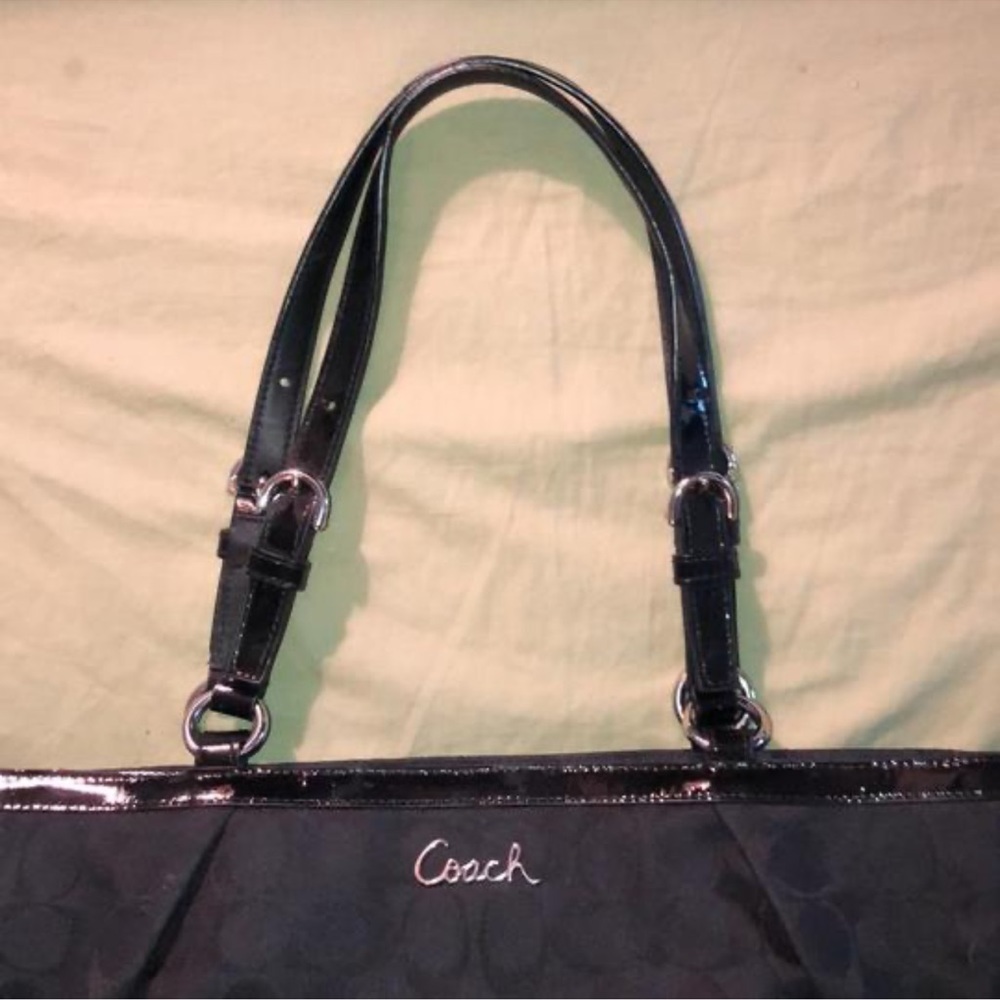 Authentic Coach tote with black iconic logos and black leather trim. - Picture 6 of 13